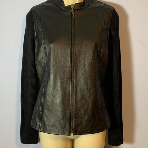 Jaclyn Smith Black Leather front Jacket with Knit Sleeves back circle neck M - Picture 5 of 5